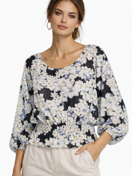 Artizan Robin Barre Tops - Floral Smocked Waist Blouse Black White Boho Flowy Size Medium Large